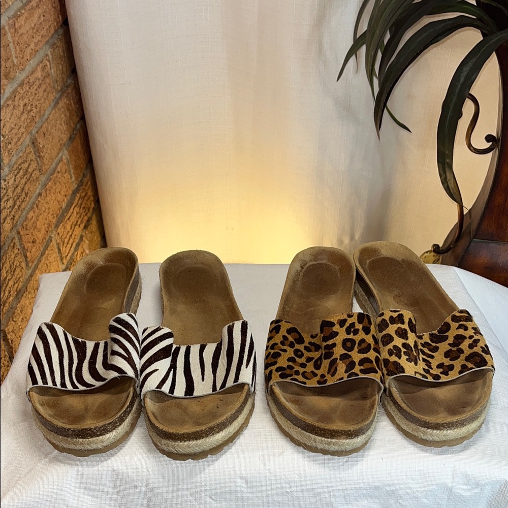 Yokono Leather Slide Sandals  Zebra Leopard Calf Hair Platform Size 8